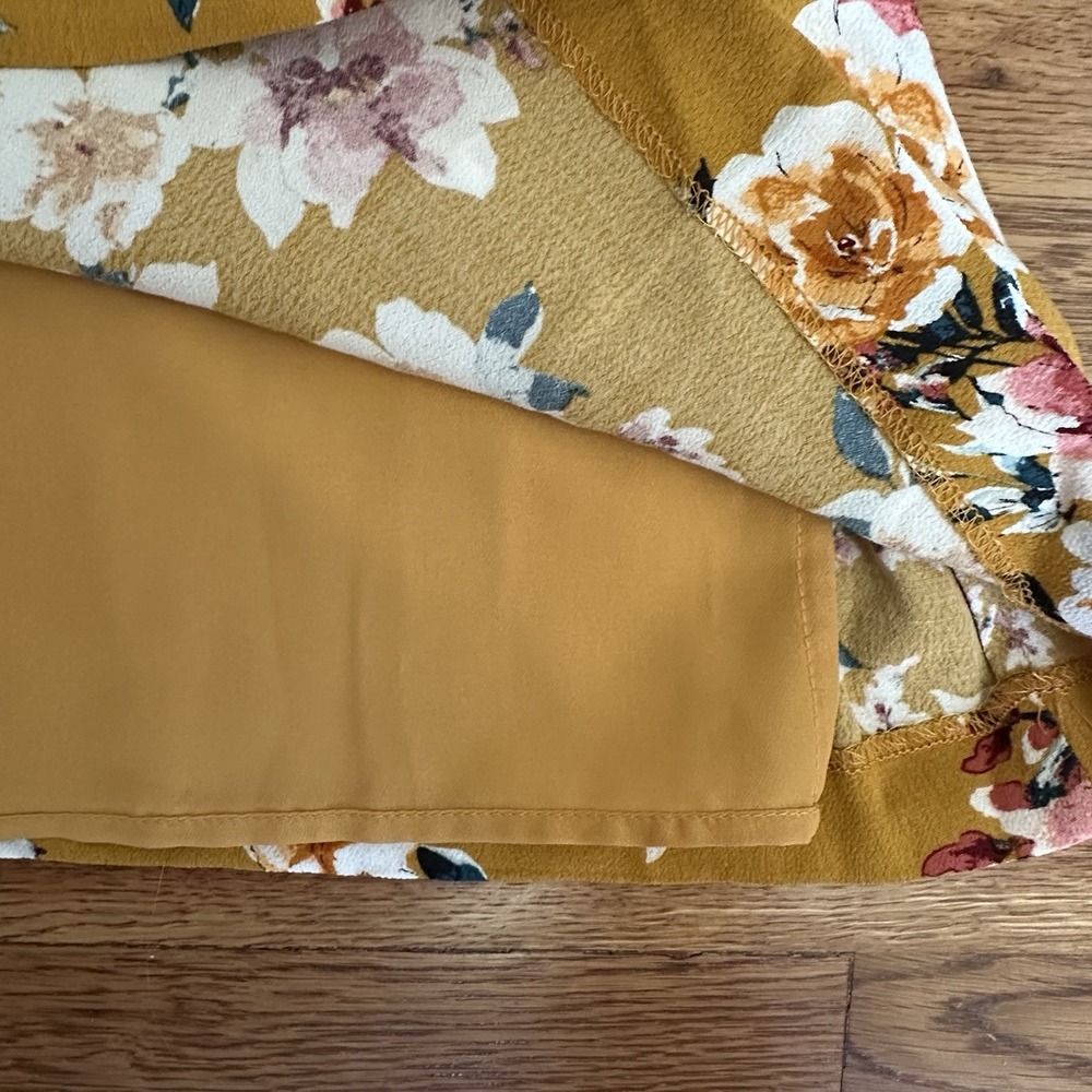 Garnet Hill Midi Dress Womens Sz 14 Mustard Yellow Floral Pockets Short Sleeve - Picture 6 of 13